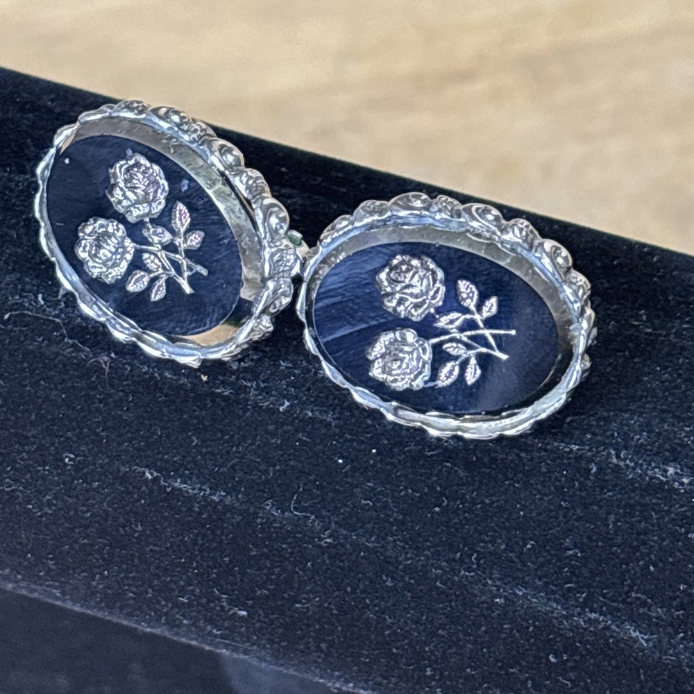 Vintage Whiting & Davis Black Glass Floral Intaglio Clip-On Earrings